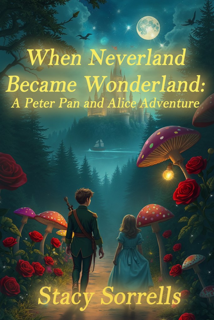 A fantasy book cover depicting a young boy in a green coat and a girl in a blue dress walking through a magical forest filled with oversized mushrooms and roses, leading to a castle under a starry sky with a full moon.